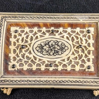 Rare Trinket Wooden Box With Carved Bone Detailing