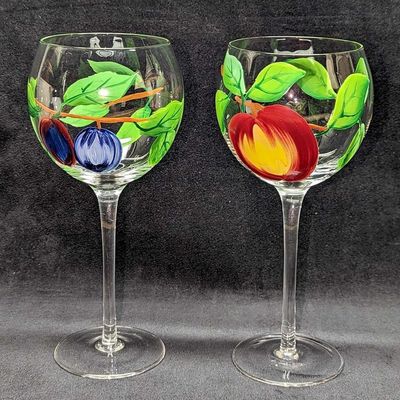 2 Tall Stem Hand Painted Fruit Wine Glasses