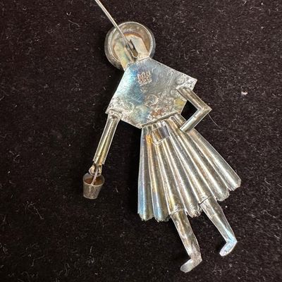 Figural Girl Wearing a Bonnet Holding Bucket Brooch Sterling Peru 925