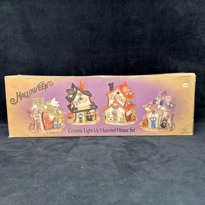 4 Piece Ceramic Light Up Haunted House Halloween Fall Village Set