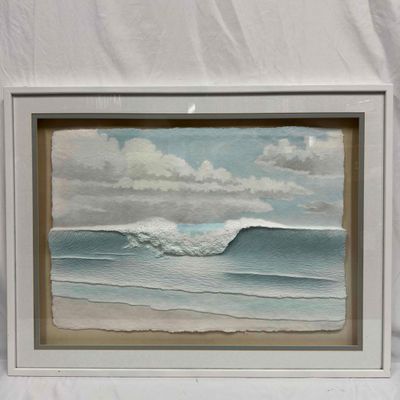 Ocean Break Blue Sea Waves and White Clouds Casting Paper Mixed Media Framed Art J