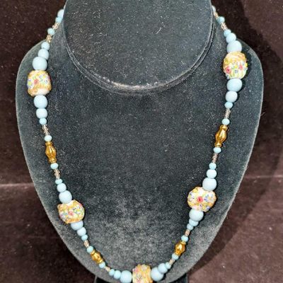 Vintage Italian Art Blue And Gold Glass Bead Necklace RRRR