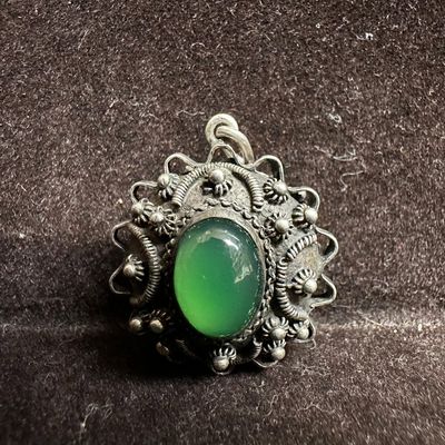 Etruscan Revival Style Silver Accent Fob Green Oval Charm V60