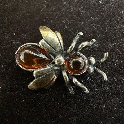 Bee Amber Silver Brooch Pin Sterling 925
