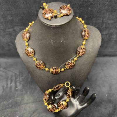 Murano Venetian Lamp Work Art Glass Black Copper Circle Bead Necklace Earrings Bracelet Set C89