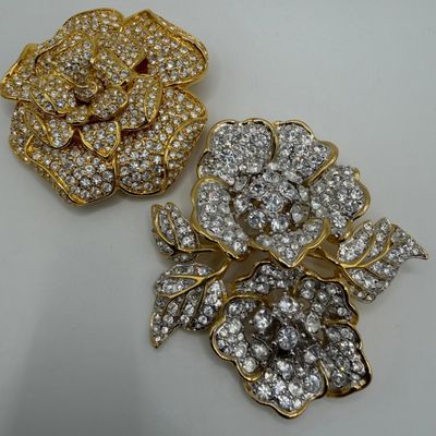 Nolan Miller Gold Tone Clear Rhinestones Leaves and Floral Designer Brooches