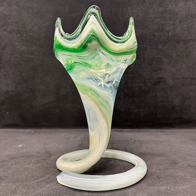 Murano Style Handblown Art Glass Tulip Vase Green and White Swirl Loop Coil Base
