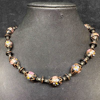 Murano Venetian Lamp Work Art Glass Floral Copper Black Oval Beaded Necklace C75