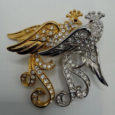 Nolan Miller Two Tone Crystal Lovebirds Designer Brooch Red Rhinestone