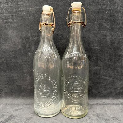 Two Antique Hutchinson Style Blob Ceramic Top Soda Bottles