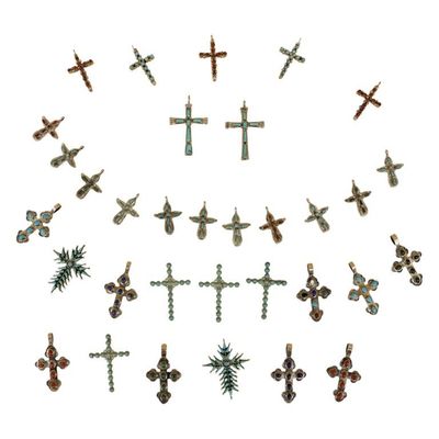 Sale Photo Thumbnail #20: Sterling Zuni Inlaid Stone Cross Pendants Lot
