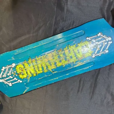 Vintage Longboard Skateboard – Blue Deck, Skeleton Bones Graphic, Green Wheels
