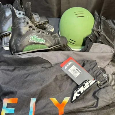 Sports Gear Lot: Hespeler Hockey Skates, Retrospec Helmet, Military Gloves