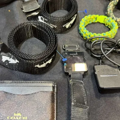 Coach New York Card Wallet, Garmin Watch, Vidal Sassoon Flat Iron, Belts Lot