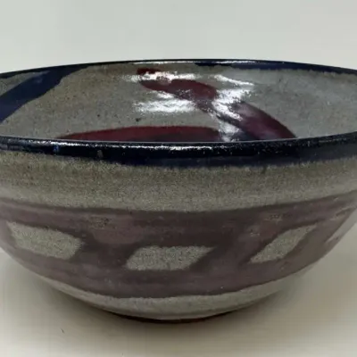 Handmade Studio Pottery Bowl – Signed, Blue & Burgundy Spiral Glaze, 12 in" (75 chars)