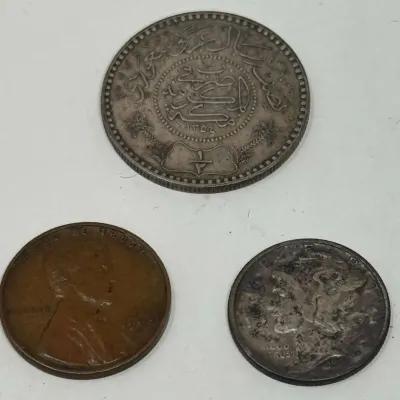 Coin Lot: 1935 Saudi Arabia Silver 1/4 Riyal, 1924 Mercury Dime, 1944 Wheat Cent