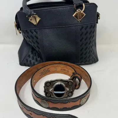 Silver Creek Leather Belt w/ Buffalo Nickel Conchos, Onyx Buckle + Handbag