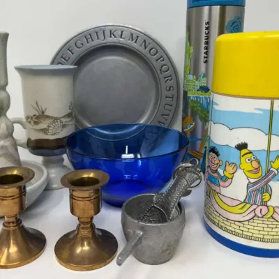Pottery & Metalware Lot: Studio Candlestick, Seashell Mug, Fish Opener, Jigger