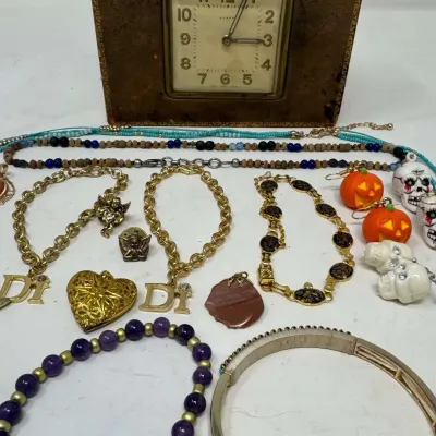 Costume Jewelry Lot: 'Di' Charm Bracelets, Amethyst, Halloween Earrings + Clock" (80 chars)