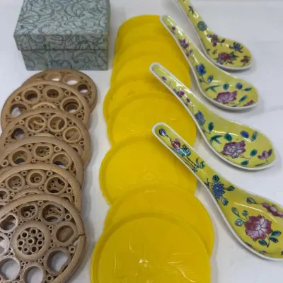 Vintage Chinese Famille Jaune Spoons, Bamboo Coasters & Plastic Coaster Set