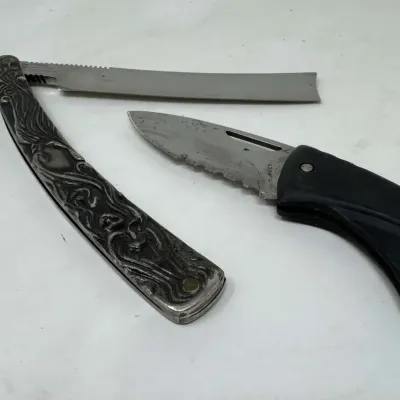 Knife Lot: Buck USA Folding Knife + Decorative Straight Razor-Style Knife