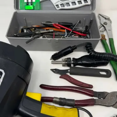 Toolbox Lot with Q Beam Spotlight, Pliers, Screwdrivers, Hand Tools