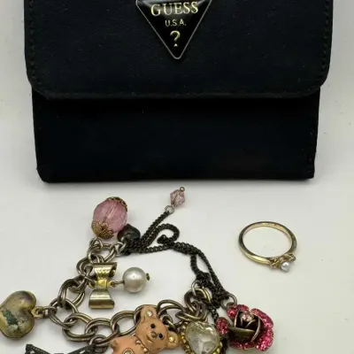 Guess USA Wallet, Betsey Johnson Charm Bracelet with Teddy Bear and BJ Heart, Ring
