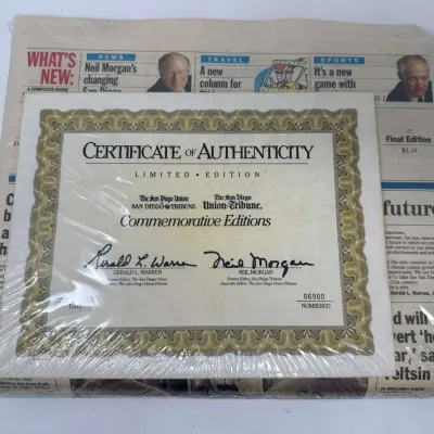 1992 Final Edition San Diego Union Newspaper – Numbered Certificate #06900