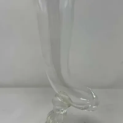 Hand-Blown Clear Art Glass Cornucopia Horn Vase, Twisted Stem, ~12 Inches