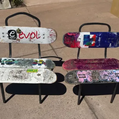 "Vulk Skate Chairs #009 & #010 – Recycled Skateboard Deck Chair Set, Graffiti Art