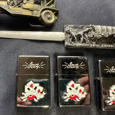 Vintage Collectible Lot - (3) Sailor Jerry Lighters, Gresco Covered Wagon Letter Opener, Brass Autom