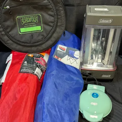 Camping Lot: Coleman Lantern (Tested Working), Glacier's Edge Camp Chairs, Dash Waffle Maker