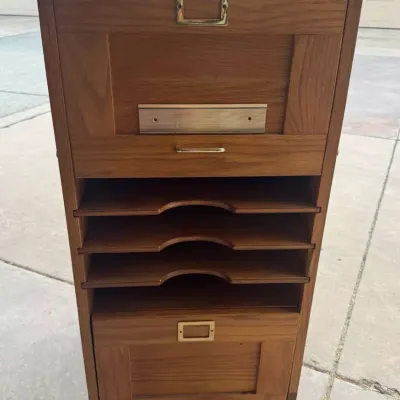 Vintage Oak Rolling File Organizer Cabinet with Brass Label Frames