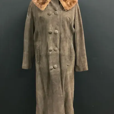 Vintage Tan Suede Long Coat With Mink Collar