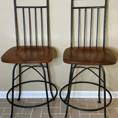 Wrought Iron And Wood Bar Stool Pair