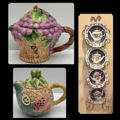 Fruit Themed Teapots And Decor Plates: 7pcs