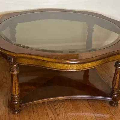 Vtg Octagonal Wood Coffee Table With Beveled Glass Top