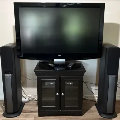 LG 52” LCD TV w/ Sony SAVA-57 Speaker Tower Pair & Wooden Media Cabinet