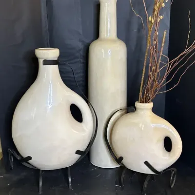 Large Off-White Ceramic Vase Trio (2 With Cast Iron Stands): 3pcs