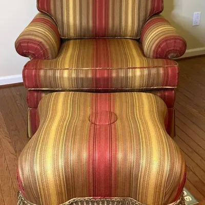 Matching Upholstered Armchair With Fringed Ottoman Pair