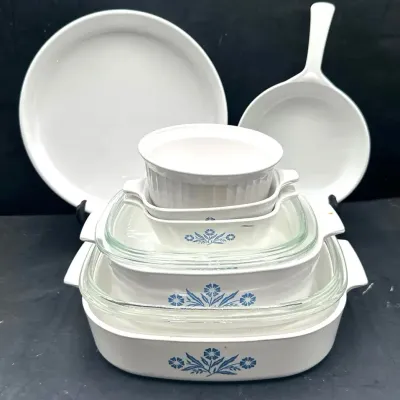 Vintage Blue Cornflower And French White Corningware: 9pcs