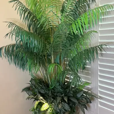 Faux Areca Palm And Pothos In Planter With Accent Light