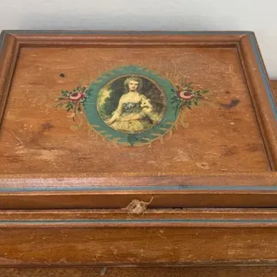 Vintage 1930s Wooden Vanity Jewelry Box with Mirror & Red Lining