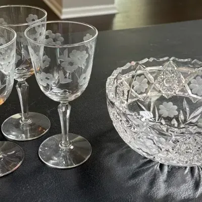 4pc Vintage Cut Crystal & Etched Floral Glass Set - Centerpiece Bowl & 3 Water Goblets"