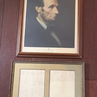 1908 Vintage Framed Abraham Lincoln Portrait" and "Matted Gettysburg Address Replica