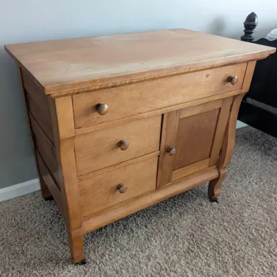 Antique Wooden Washstand/Dry Sink In Natural Wood Finish w/Caster Wheels