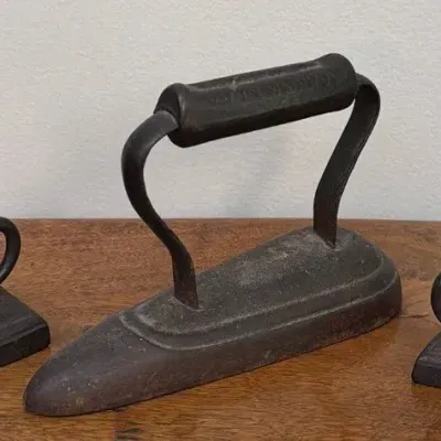 Lot of 3 Antique Cast Iron Sad Irons - 1 Standard & 2 Miniature Collar Irons