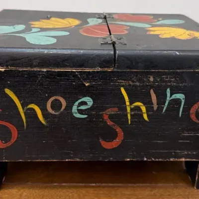 Antique Hand-Painted Shoeshine Box & Evans Bros Furniture Hillsboro IL Brush Set