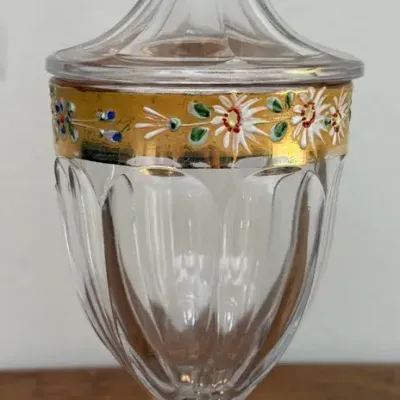 Antique Heisey Elegant Glass Apothecary Candy Jar Lidded Hand Painted Floral Gold 1lb