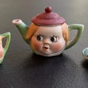 Antique Miniature Googly Eye Tea Set 1920s Japan Dolly Face Anthropomorphic 7pc